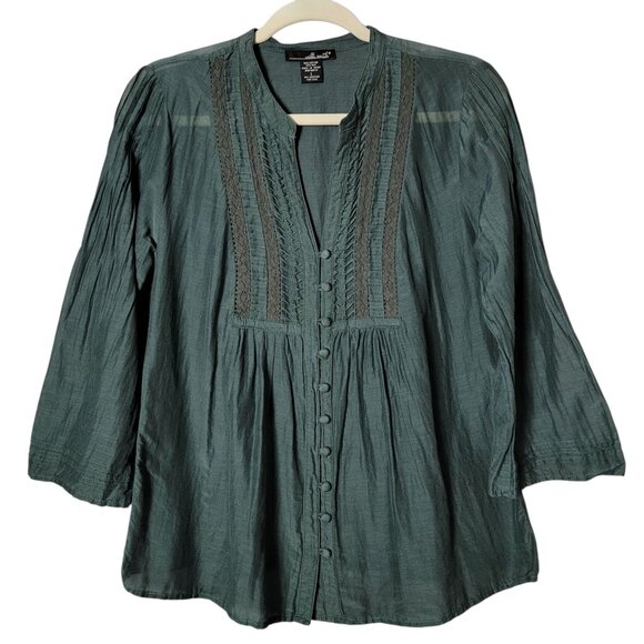 Willi Smith Womens Silk Blend Boho Peasant Pleated Bell Sleeve Button Up Top L - Picture 1 of 10